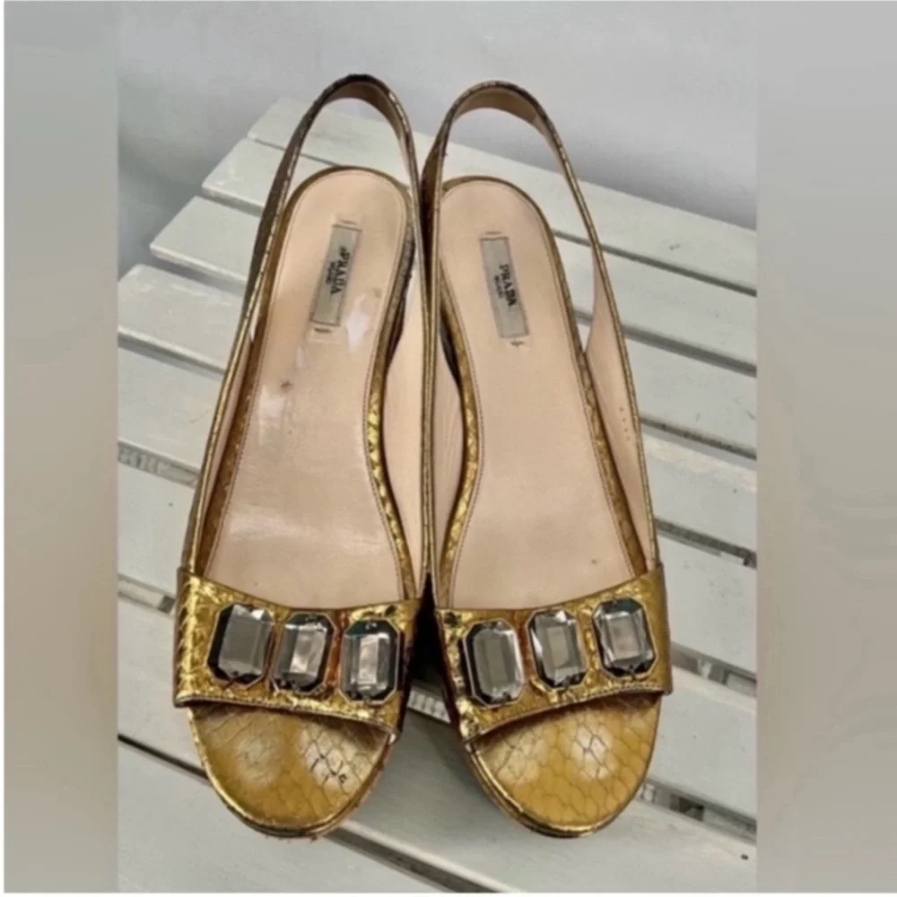 Prada Gold Wedge Sandals - Picture 2 of 4